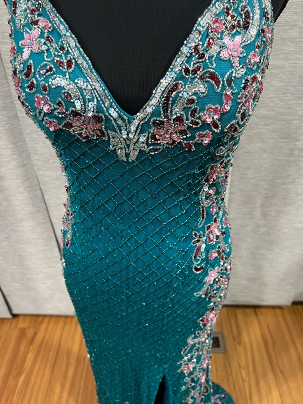 Prom Dress Teal Beaded V-Neck Evening Gown- Primavera Couture Style #3405 - Picture 2 of 7